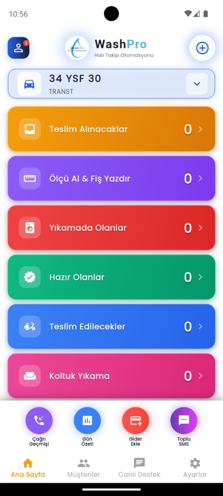 WashPro ana ekranı — sipariş durumları